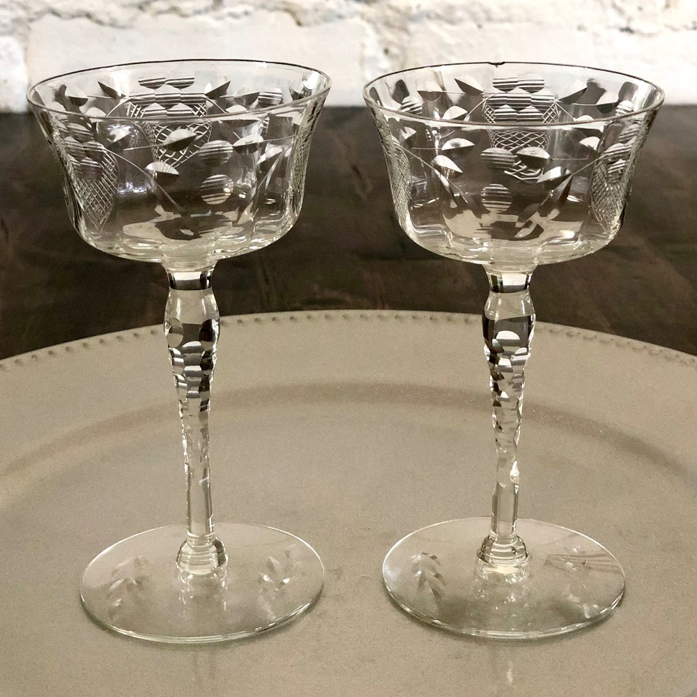 VINTAGE Etched Crystal Sherbert/Champagne (2) Glasses Rock Sharpe Floral
